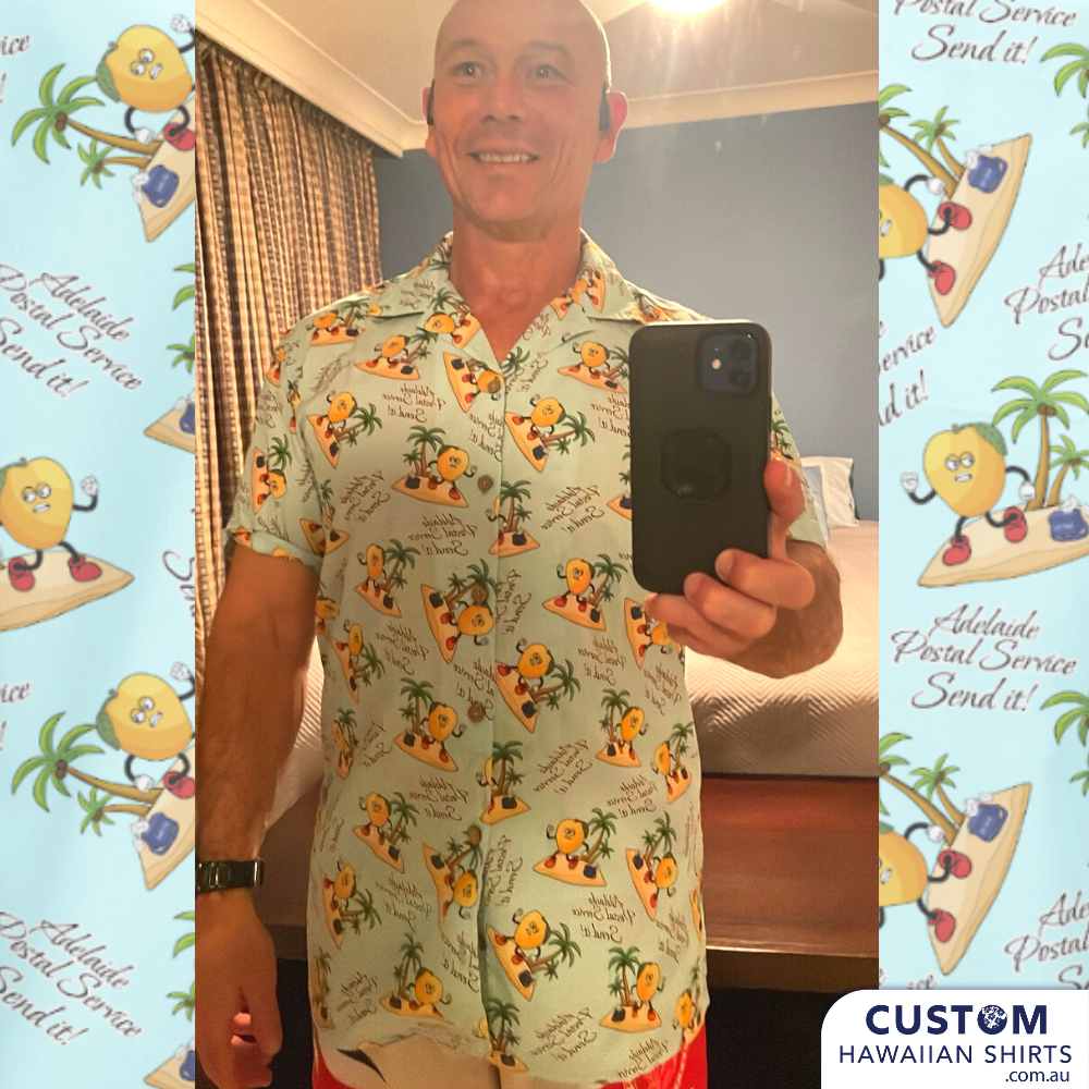 This was a fun design for HMAS Adelaide, Adelaide Postal Service, South Australia. They deliver the NEWS! Their design included a mango-mail man, his postal satchel, palm trees on an island. Quirky and individual - we really do put (almost) anything you want on your shirts! Our design team is based on the Sunshine Coast, Queensland and the design is FREE. Enquire now for a made-to-order customised Hawaiian Shirt.