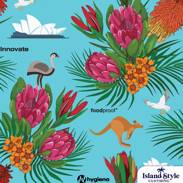 Pattern with flowers, kangaroo, emu, and Sydney Opera House on a blue background.