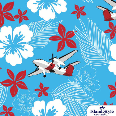 Close-up of Leidos Australia Challenger Fundraiser Hawaiian Shirt fabric with red and white flowers, leaf motifs, and airplane illustrations.