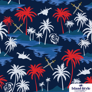Patterned fabric with palm trees, airplanes, and tigers on a blue background, featuring 'Island Style Clothing' branding.