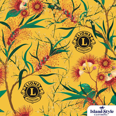 Close-up of Lions Australia custom shirt fabric featuring gold background, native Australian flowers, and Lions International logos for conference apparel.