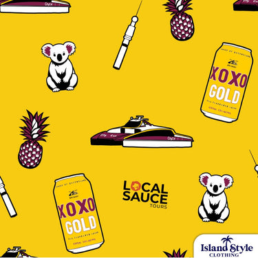Local Sauce Tours Brisbane | Custom Hawaiian Shirt Uniforms, yellow colour with koala, beer, and city cat