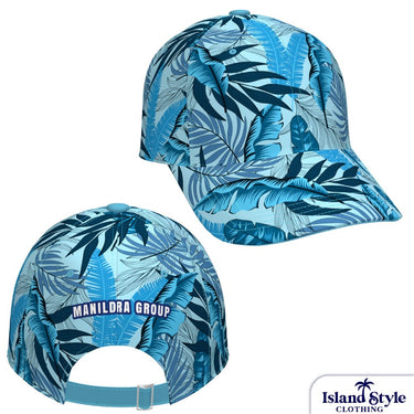 Blue leaf-patterned cap with 'Manildra Group' branding on a white background