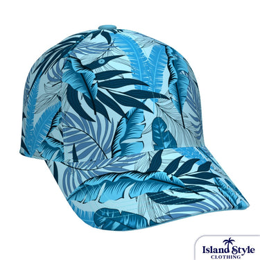 Blue tropical leaf patterned cap on a white background with 'Island Style Clothing' branding.