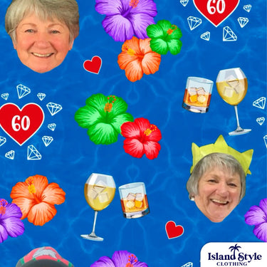 Blue fabric with colorful flowers, glasses of alcohol, and a person's face on a blue background.