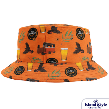 Mount Helena Tavern, WA, 2024 custom bucket hat in bright orange with Bush Chook beer cans, crows, burgers, and gum leaves design.