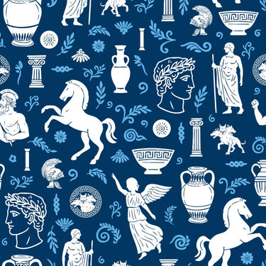 Pattern of classical Greek and Roman elements on a blue background