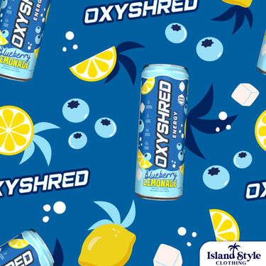 Oxyshred Energy Blueberry Lemonade can with lemon and blueberry graphics on a blue background