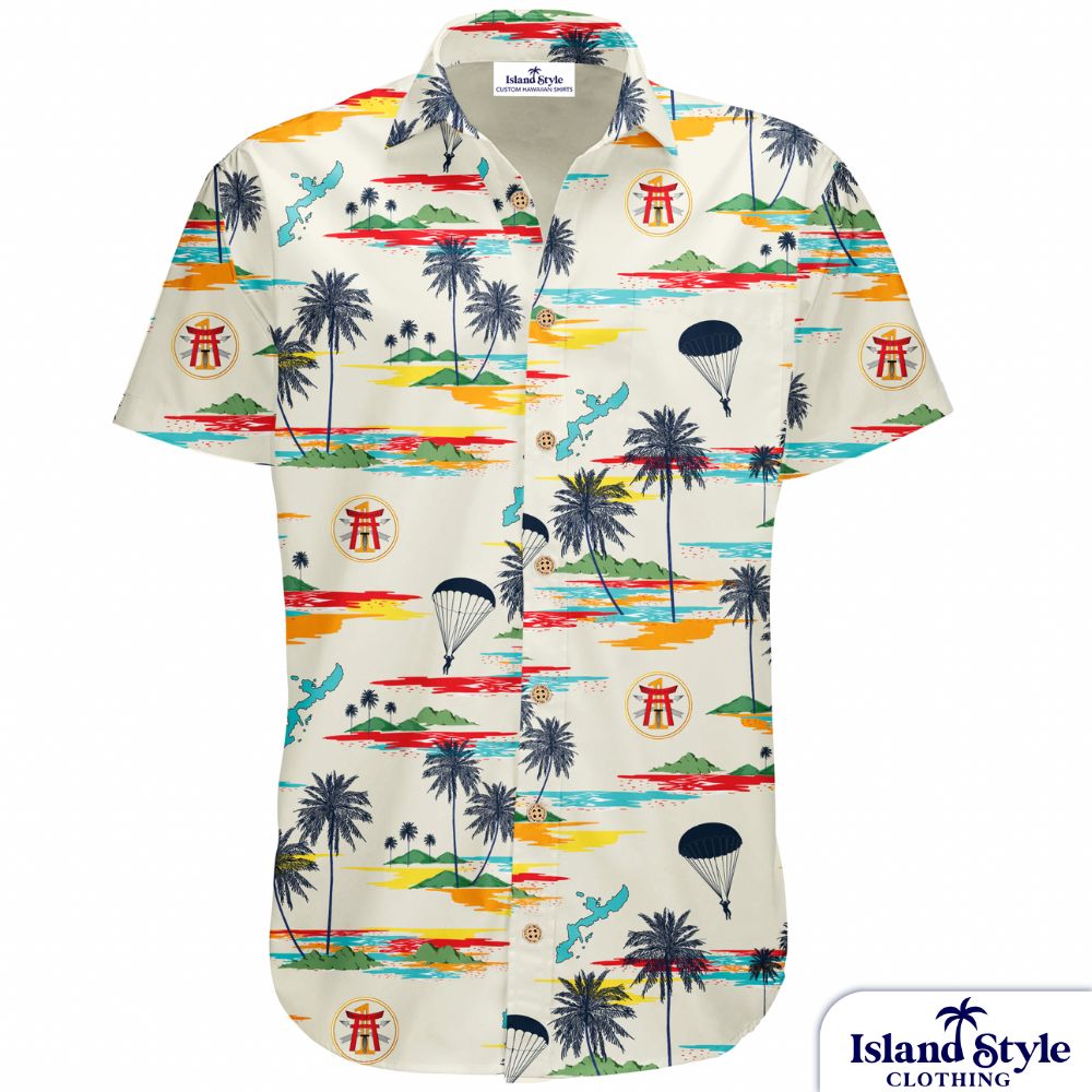 Custom shirts featuring a white base with palm trees, islands, parachutes and more.