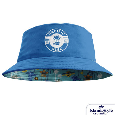 Blue bucket hat with a logo and colorful interior on a white background