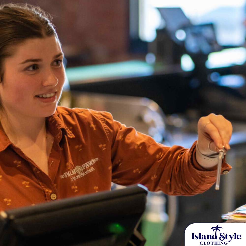 Bar and Hotel staff shirts custom-designed hospitality uniforms for Palm &amp; Pawn Hotel.