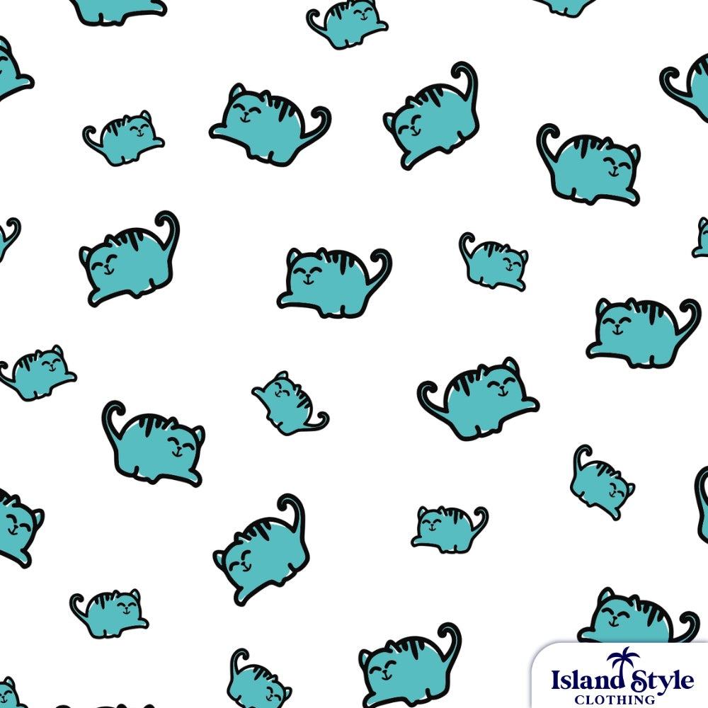 Pattern of blue cats on a white background with 'Island Style Clothing' logo.