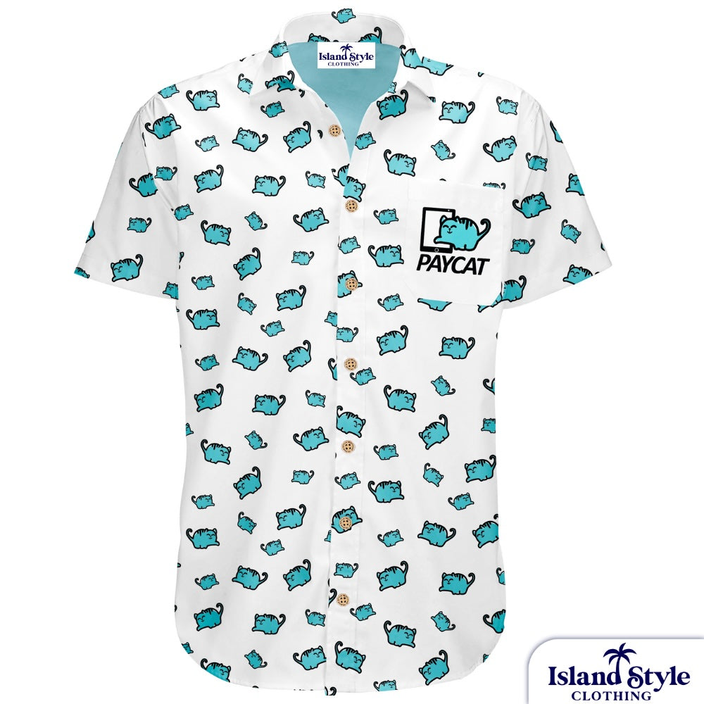 White shirt with blue cat pattern and Paycat logo on a white background