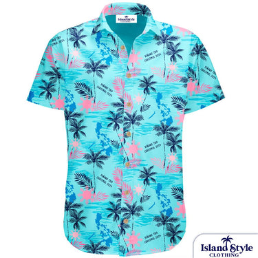 Peñano Family Holiday | Custom Christmas Hawaiian Shirt featuring blue and pink tropical prints with palm trees and personalized holiday text.
