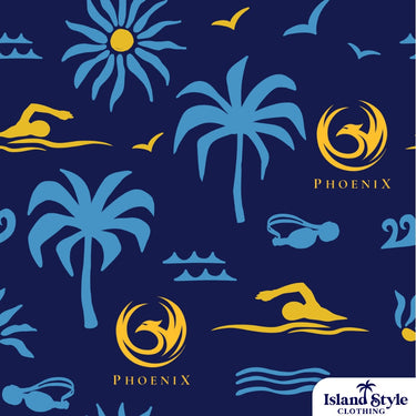 Close-up of Phoenix Masters Swimming Shirts – Tropical Custom Design with yellow and blue swimmer graphics, palm trees, and Phoenix branding.