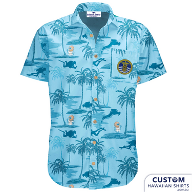 Royal Australian Navy Submarine Medical Unit Conference custom military shirt featuring tropical blue Hawaiian design with diver and submarine motifs.