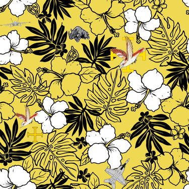 Tropical floral pattern with leaves, flowers, and birds on a yellow background