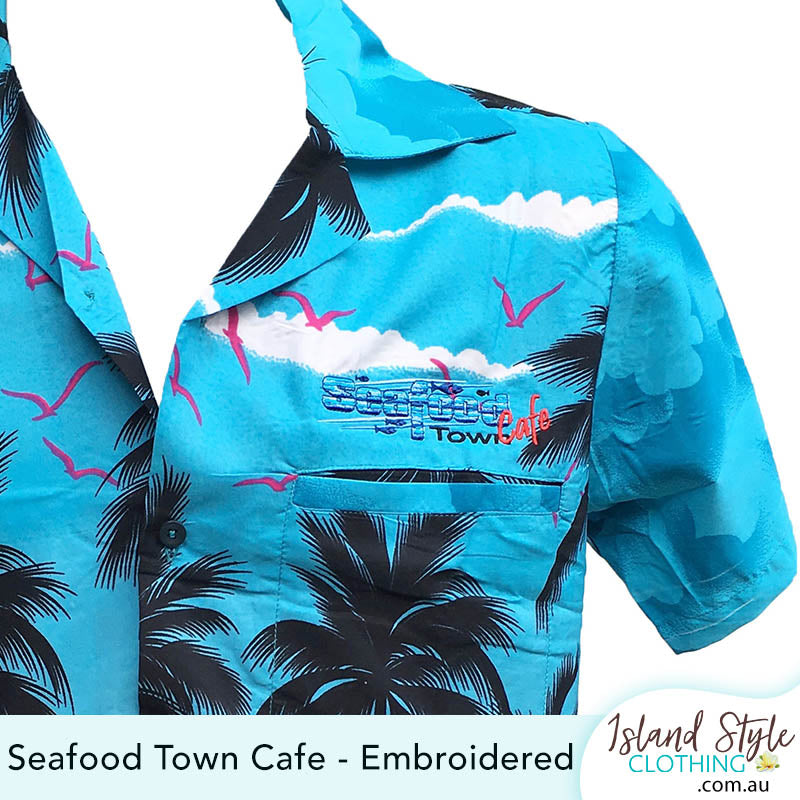 Seafood Town Cafe Brisbane Logos on Custom Hawaiian Shirts for Hospitality Staff Uniforms