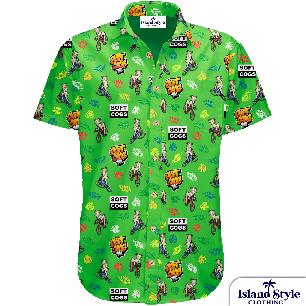 Bespoke Hawaiian shirts sports uniforms for Soft Cogs bike riding club.
