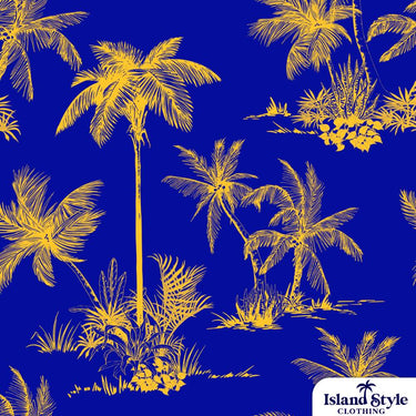 Close-up of yellow palm tree pattern on blue cotton fabric from Storage King Blue Conference Shirts. Custom design for corporate apparel.