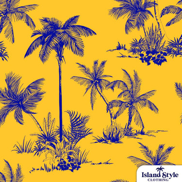 Close-up of blue palm tree pattern on vibrant yellow fabric from Storage King yellow shirts, perfect for custom tropical conference wear.