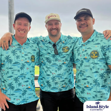 Three men wearing Straddie Brewing x Caxton Golf Polos with tropical print and logos, ideal for custom golf apparel and team events.