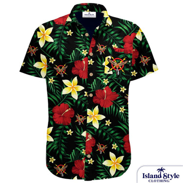 Hawaiian shirt with tropical floral pattern on a white background