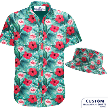 Tatts Hotel Toowoomba custom hospitality shirt with red hibiscus floral print and matching bucket hat, designed for staff uniforms.