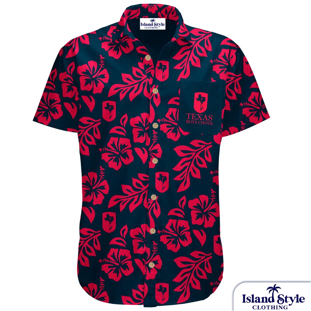 Texas Boys Choir USA custom hawaiian shirts - navy base with red hibiscus flowers.