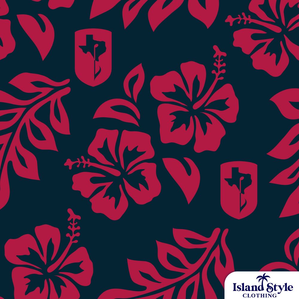 Texas Boys Choir USA custom hawaiian shirts - navy base with red hibiscus flowers.