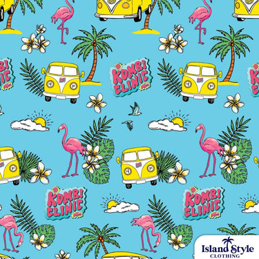 Close-up of Kombi Clinic Hawaiian shirt fabric featuring yellow vans, flamingos, palm trees, and flowers on a blue background. Custom cotton uniform print.