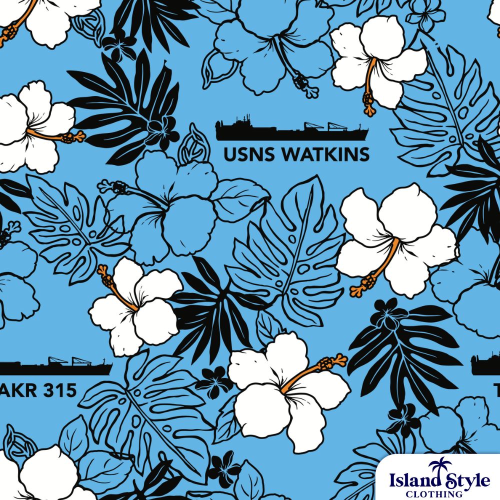 Custom Military Shirts for US Navy in blue with white hibiscus flowers.