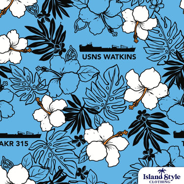 Custom Military Shirts for US Navy in blue with white hibiscus flowers.