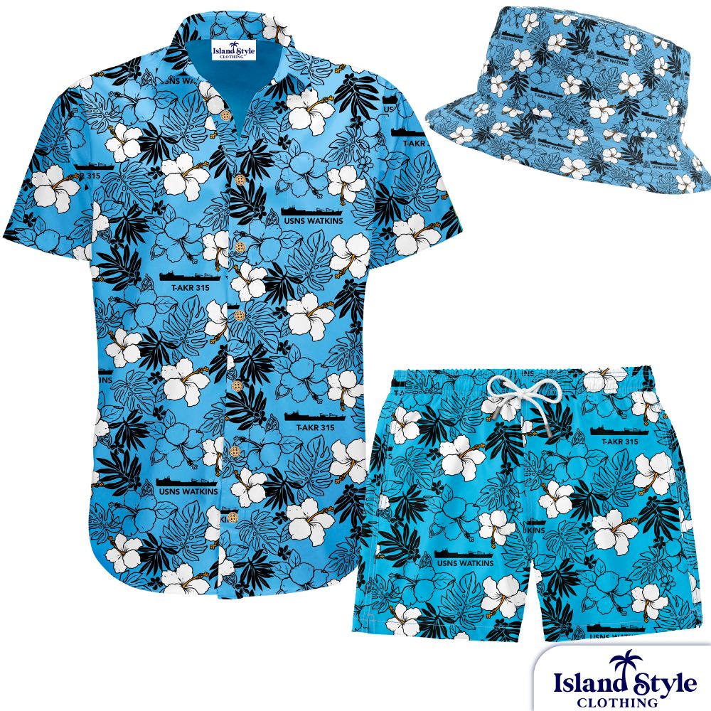 Custom Military Shirts for US Navy in blue with white hibiscus flowers.