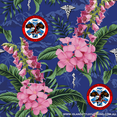 Close-up of US Navy, San Diego USA | Custom Military Shirt fabric showing pink tropical flowers, green leaves, and military emblems on a blue background.