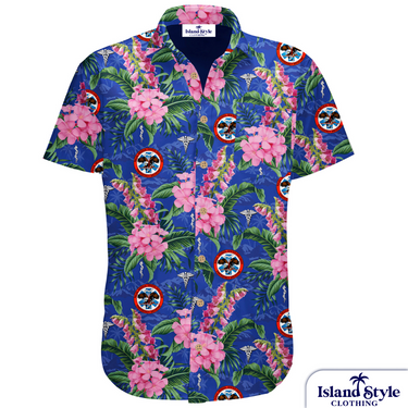 US Navy, San Diego USA | Custom Military Shirt featuring a vibrant Hawaiian floral print with military insignias, ideal for Navy personnel uniforms.