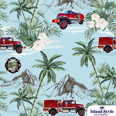 Close-up of Walker Fire Department tropical shirt fabric featuring red fire trucks, palm trees, white hibiscus flowers, and mountain accents.