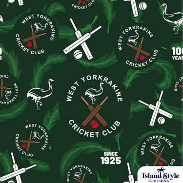 Close-up of West Yorkrakine Cricket Shirt – 100 Year Anniversary Design with detailed emu leaves, cricket bats, and 1925-2025 logo. Custom Aussie cricket apparel.