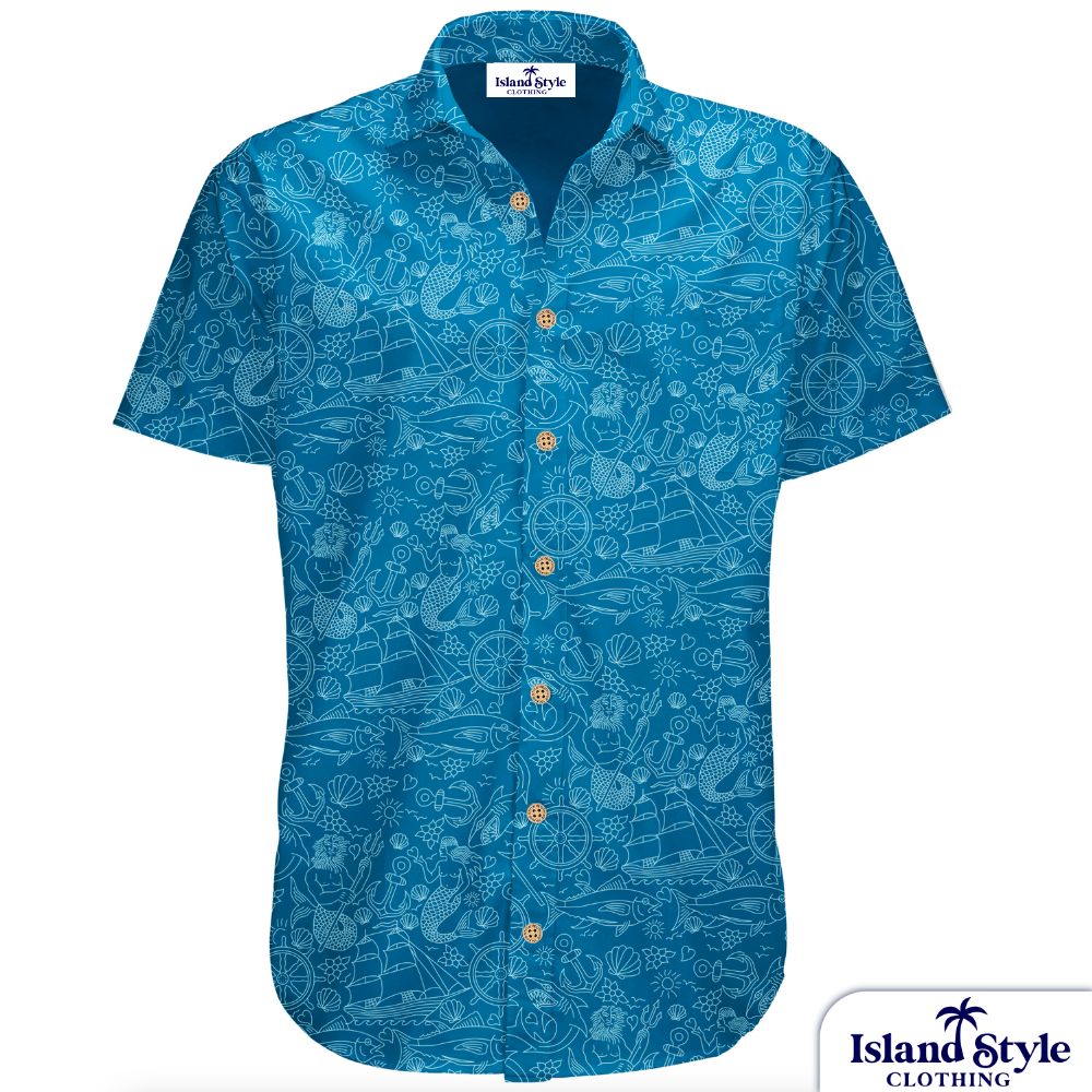 Whitsunday Police Social Club | Mens Custom Hawaiian Shirts. Teal blue base with mermaid and shell graphics