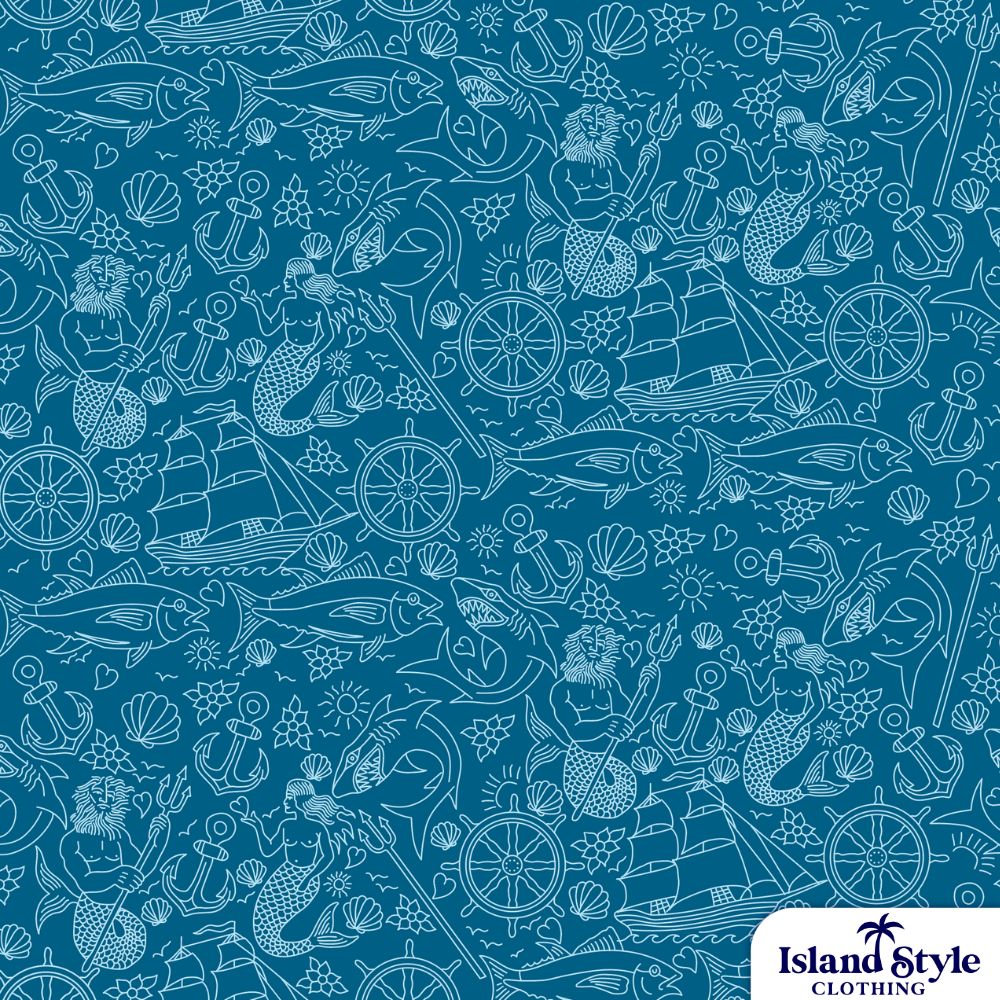 Whitsunday Police Social Club | Mens Custom Hawaiian Shirts. Teal blue base with mermaid and shell graphics
