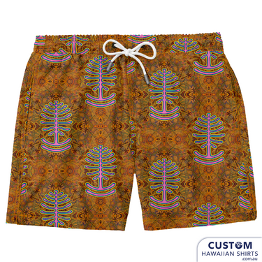 This year we supplied 3 different mens swim shorts for one of our local festivals and a Mens Hawaiian Shirt. We are based on the Sunshine Coast, QLD and Woodford has been a favourite of ours to visit for many years. A very funky Aussie print main image is a Bunya tree.  These were available for sale in their merch tent.  Custom Swim Shorts A soft 4-way stretch poly/lycra blend