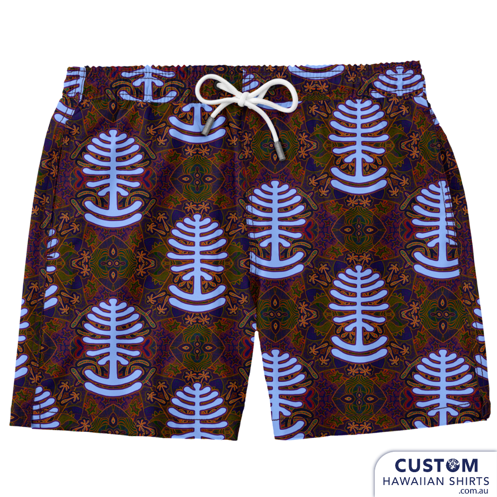 This year we supplied 3 different mens swim shorts for one of our local festivals and a Mens Hawaiian Shirt. We are based on the Sunshine Coast, QLD and Woodford has been a favourite of ours to visit for many years. A very funky Aussie print main image is a Bunya tree.  These were available for sale in their merch tent.  Custom Swim Shorts A soft 4-way stretch poly/lycra blend
