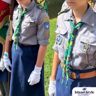 Scouts in formal uniform with ZHP Australia USA Jamboree custom scarves tied around necks, combining traditional and custom scout apparel.
