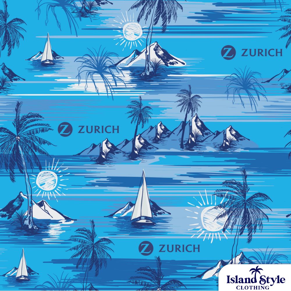 Zurich Financial Services Australia Pty Ltd | Custom Hawaiian Shirt Uniforms, blue shirt with palm tree, yachts and islands