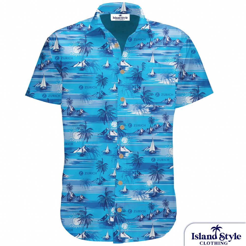 Zurich Financial Services Australia Pty Ltd | Custom Hawaiian Shirt Uniforms, blue shirt with palm tree, yachts and islands