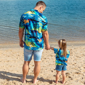 Swoop on this season's must-have! These shirts are going to make the perfect addition to your little boy's wardrobe.  A modern tropical shirt made from a breathable and lightweight rayon material makes them perfect for your little grom wearing them in the hot summer months.  Matching shirts for Mum & Dad are available. View the Blue Sunset Collection.