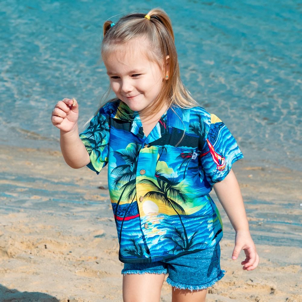 Swoop on this season's must-have! These shirts are going to make the perfect addition to your little boy's wardrobe.  A modern tropical shirt made from a breathable and lightweight rayon material makes them perfect for your little grom wearing them in the hot summer months.  Matching shirts for Mum & Dad are available. View the Blue Sunset Collection.