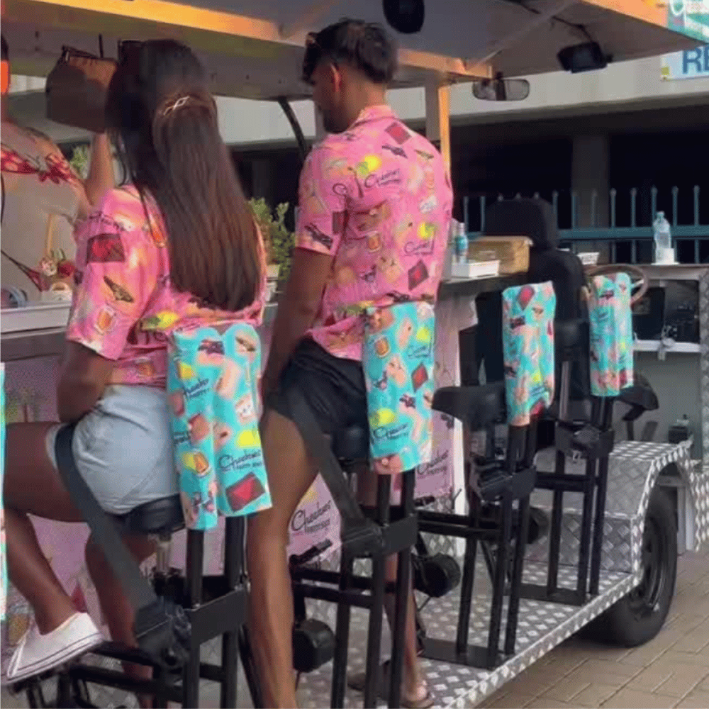 We designed these super fun Hawaiian shirts and shorts for 'Cheekies Bike Bar' in Darwin. Pink hawaiian shirts with bums on them.