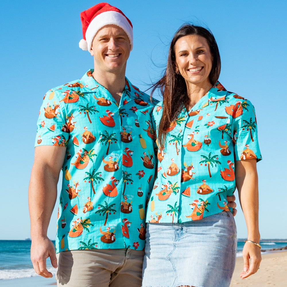 A swimmingly good time awaits in our Christmas Pool Party shirts! This matching couples' set is sure to "ruffle some feathers" - each 100% cotton shirt featuring Santa sipping cocktails on his pool floaty, flanked by reindeer, flamingos and more!  Ideal for a sizzling Aussie summer, don't forget to grab the matching bucket hats and kids' shirts to complete the look. Ho ho ho-ly festive fun!