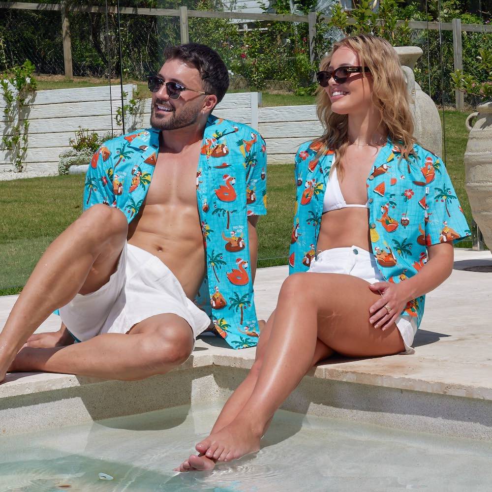 A swimmingly good time awaits in our Christmas Pool Party shirts! This matching couples' set is sure to "ruffle some feathers" - each 100% cotton shirt featuring Santa sipping cocktails on his pool floaty, flanked by reindeer, flamingos and more!  Ideal for a sizzling Aussie summer, don't forget to grab the matching bucket hats and kids' shirts to complete the look. Ho ho ho-ly festive fun!